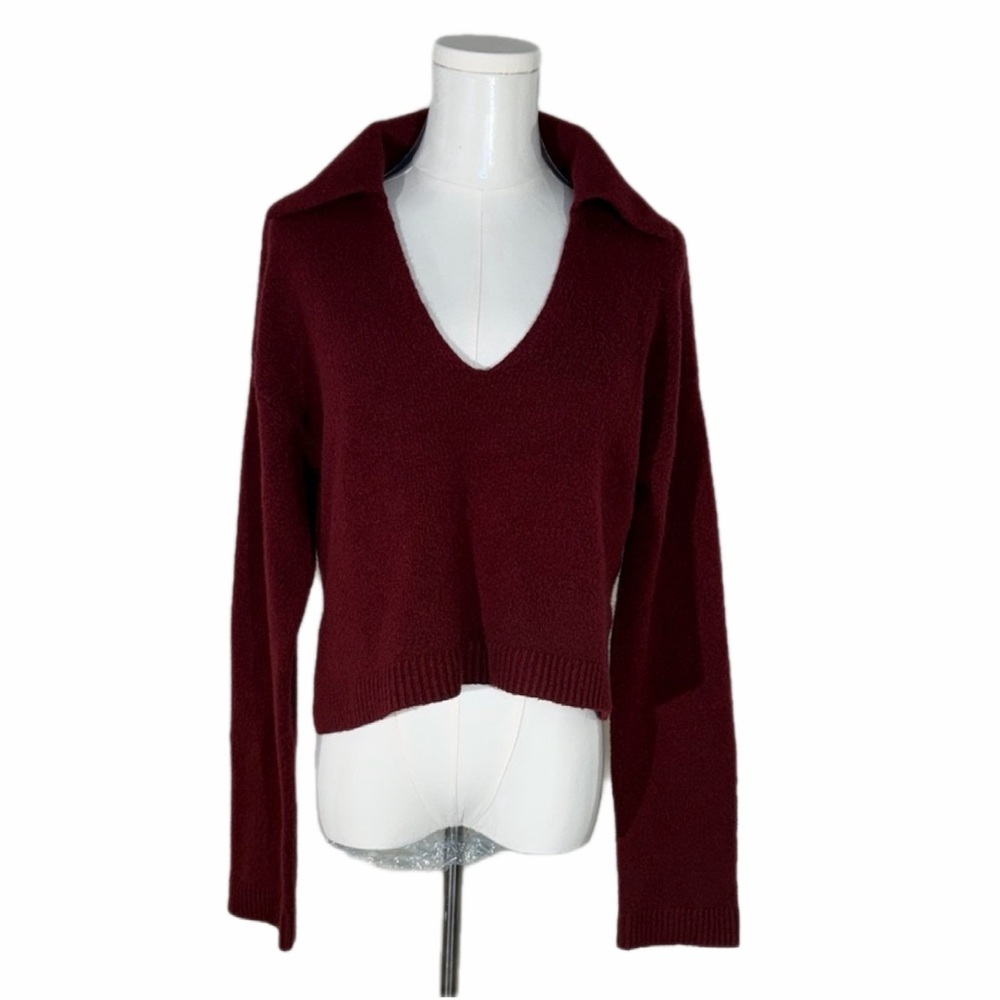 Open Edit Deep Red Burgundy V-Neck Oversized Cropped Sweater Size XS